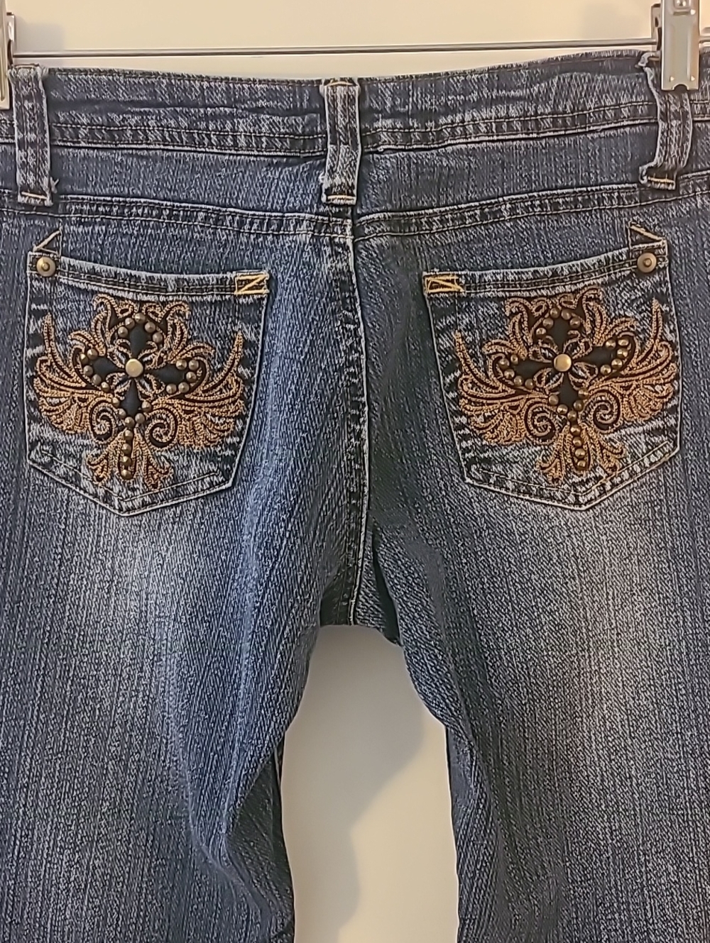 Y2K OTB Boot Cut Jeans with Embroidered Back Pockets Dark Blue Cowgirl Boho Chic